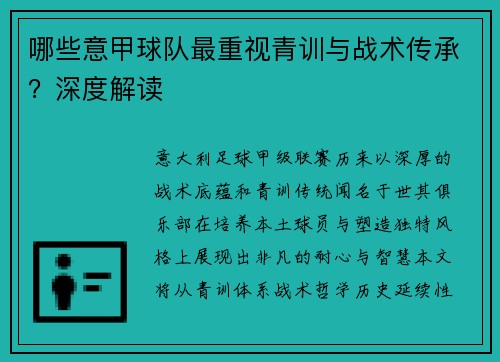 哪些意甲球队最重视青训与战术传承？深度解读