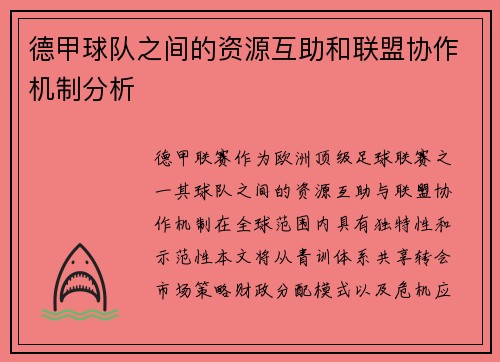 德甲球队之间的资源互助和联盟协作机制分析